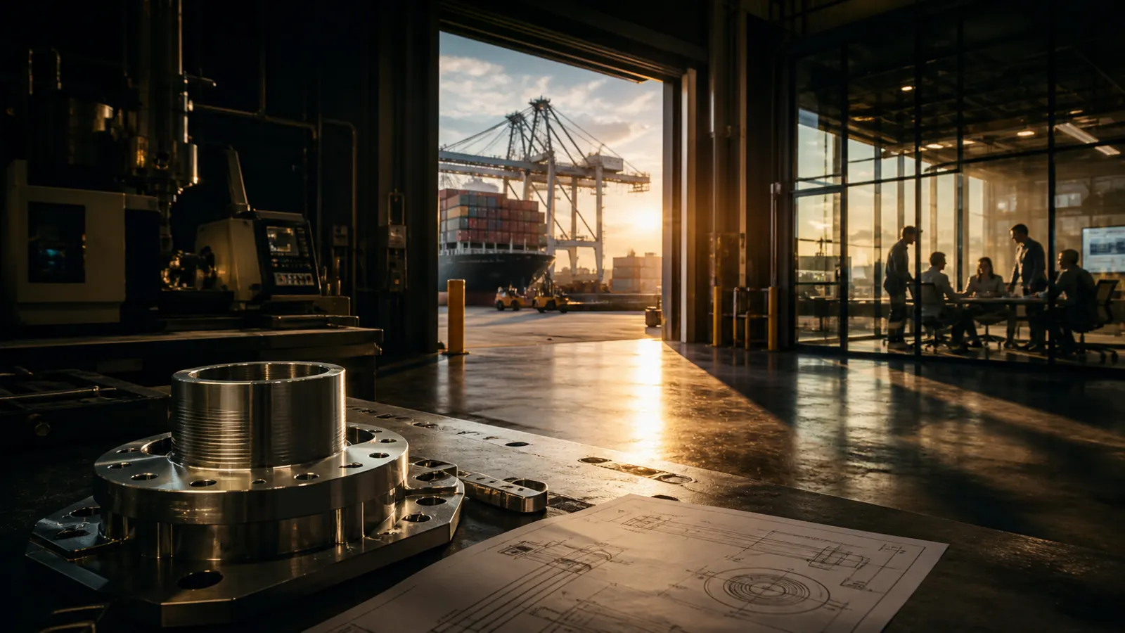 Machined steel flange on a shop floor at sunset