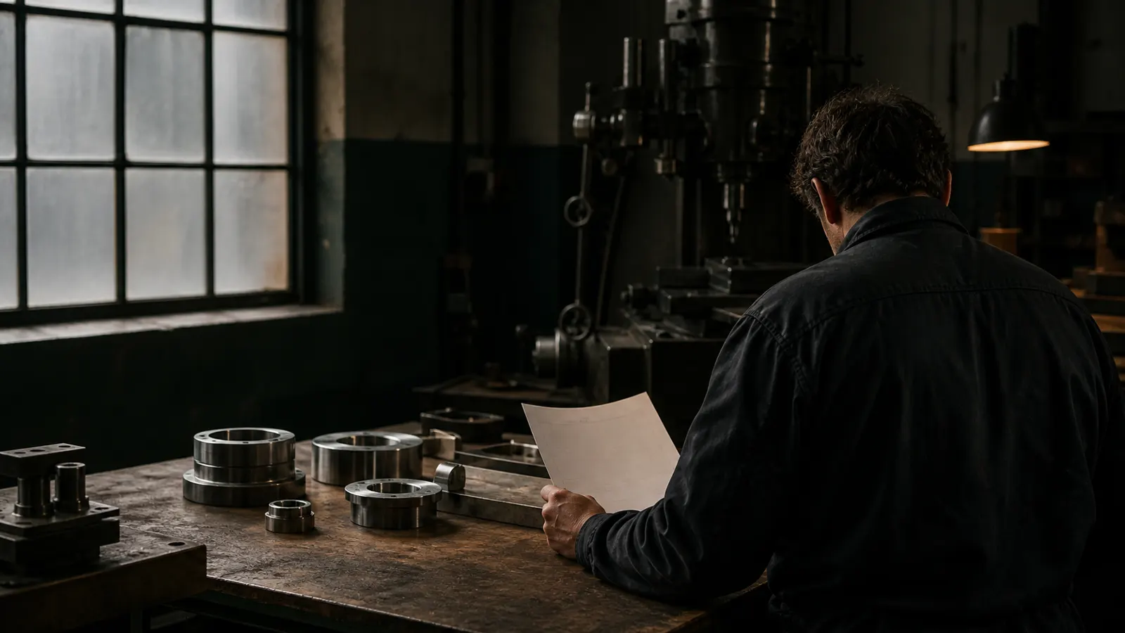 Machinist reviewing a job sheet at a machine