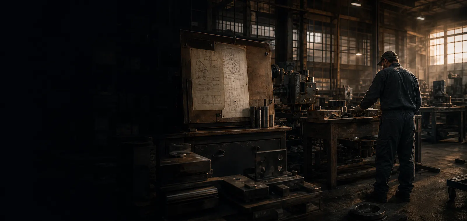 Wide view of a fabrication shop floor with machines